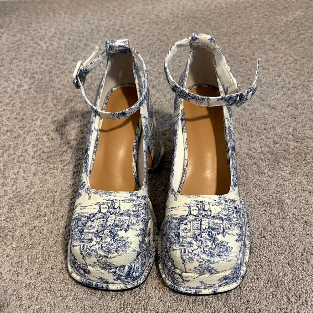 Blue & White Toile Ankle-Strap Block Heel Mary Jane